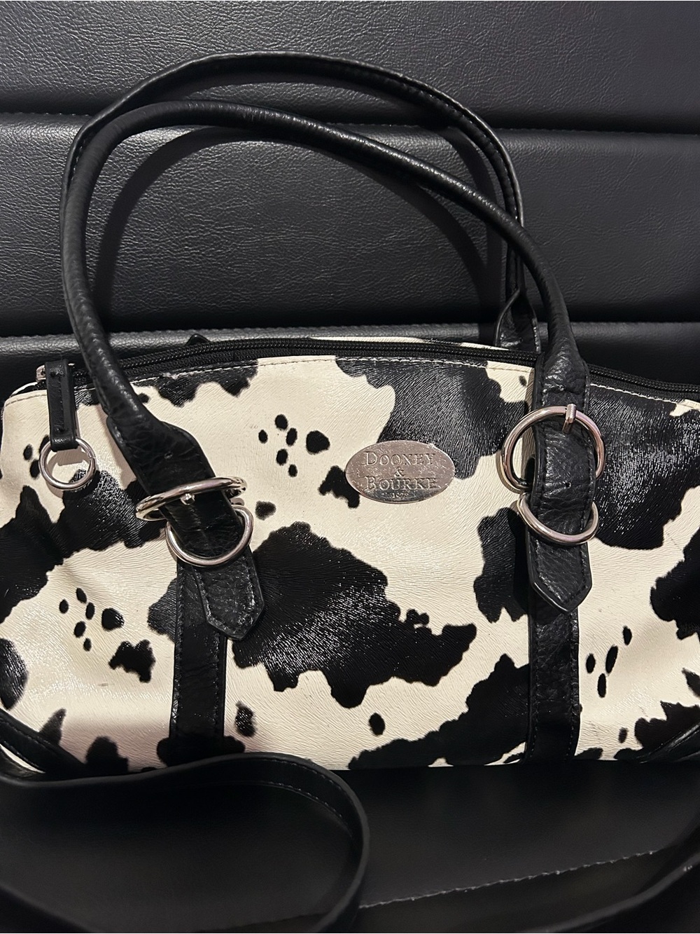 Vintage Dooney & Bourke Cow Print Satchel, Top Handle Bag with Detachable Strap - Picture 2 of 6